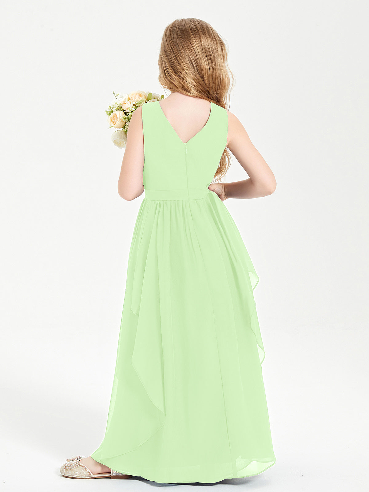 Boho Sleeveless Junior Chiffon Bridesmaids Gown Sage